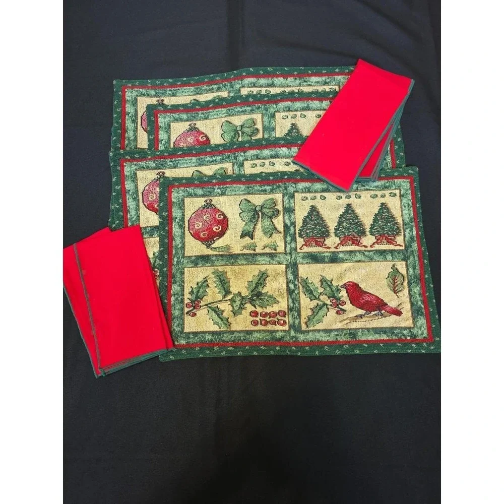 Set Of 4 Holiday Placemats Christmas Woven Tapestry With Set Of 4 Cloth Napkins